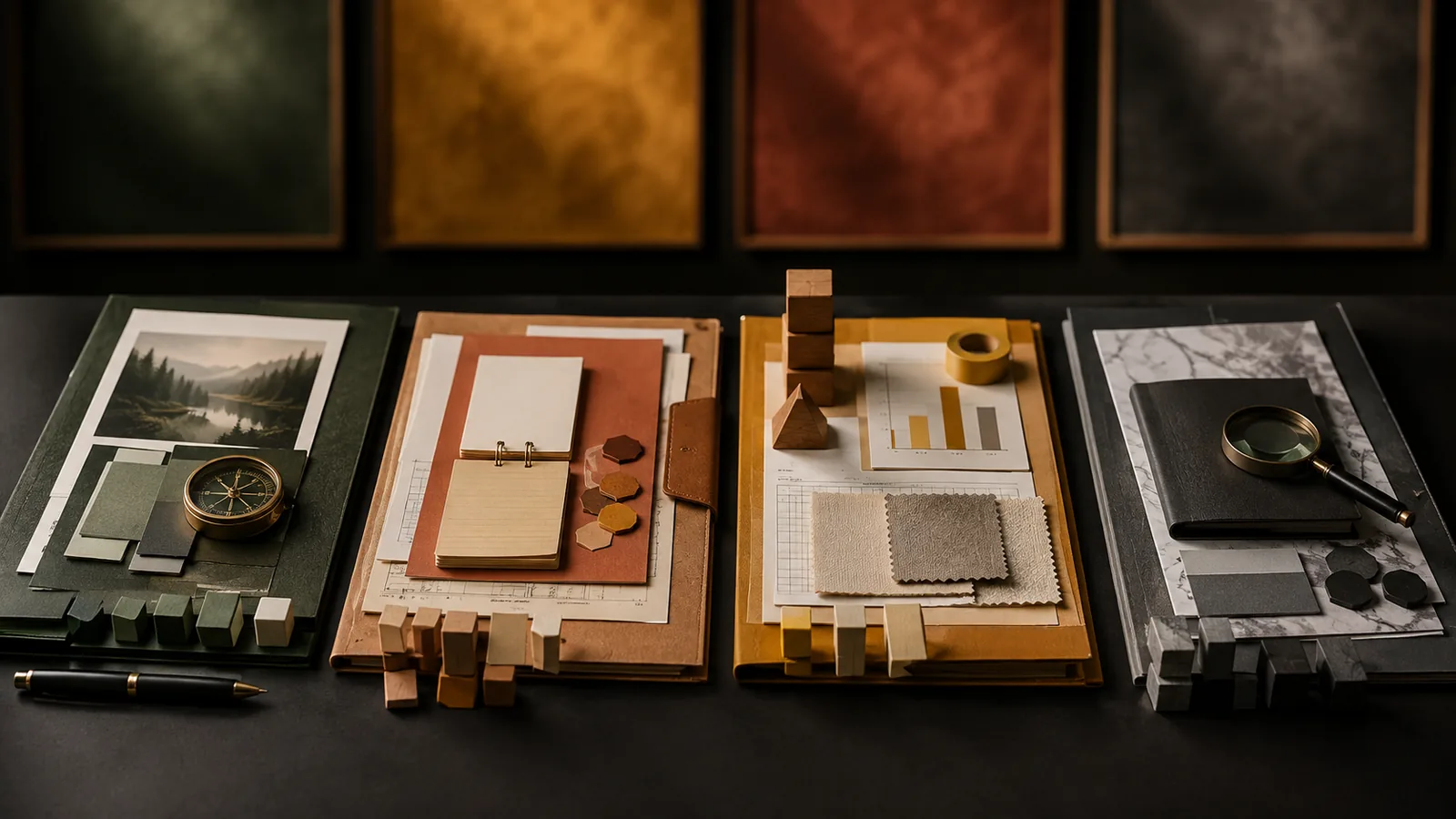 Four distinct project certification evidence kits arranged for comparison