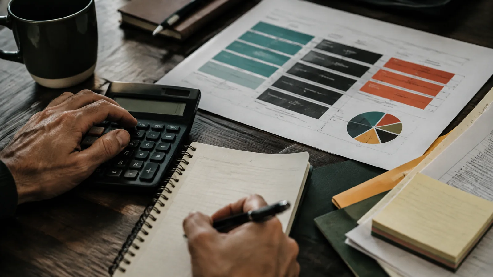 Top-down view of hands organizing the components of a certification budget