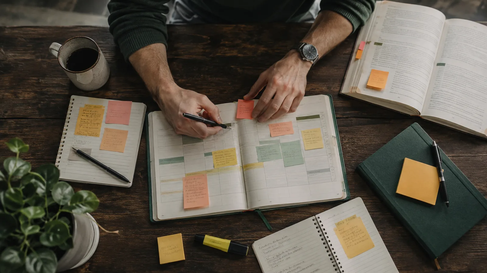 Page-specific project management scene illustrating PMP study plan