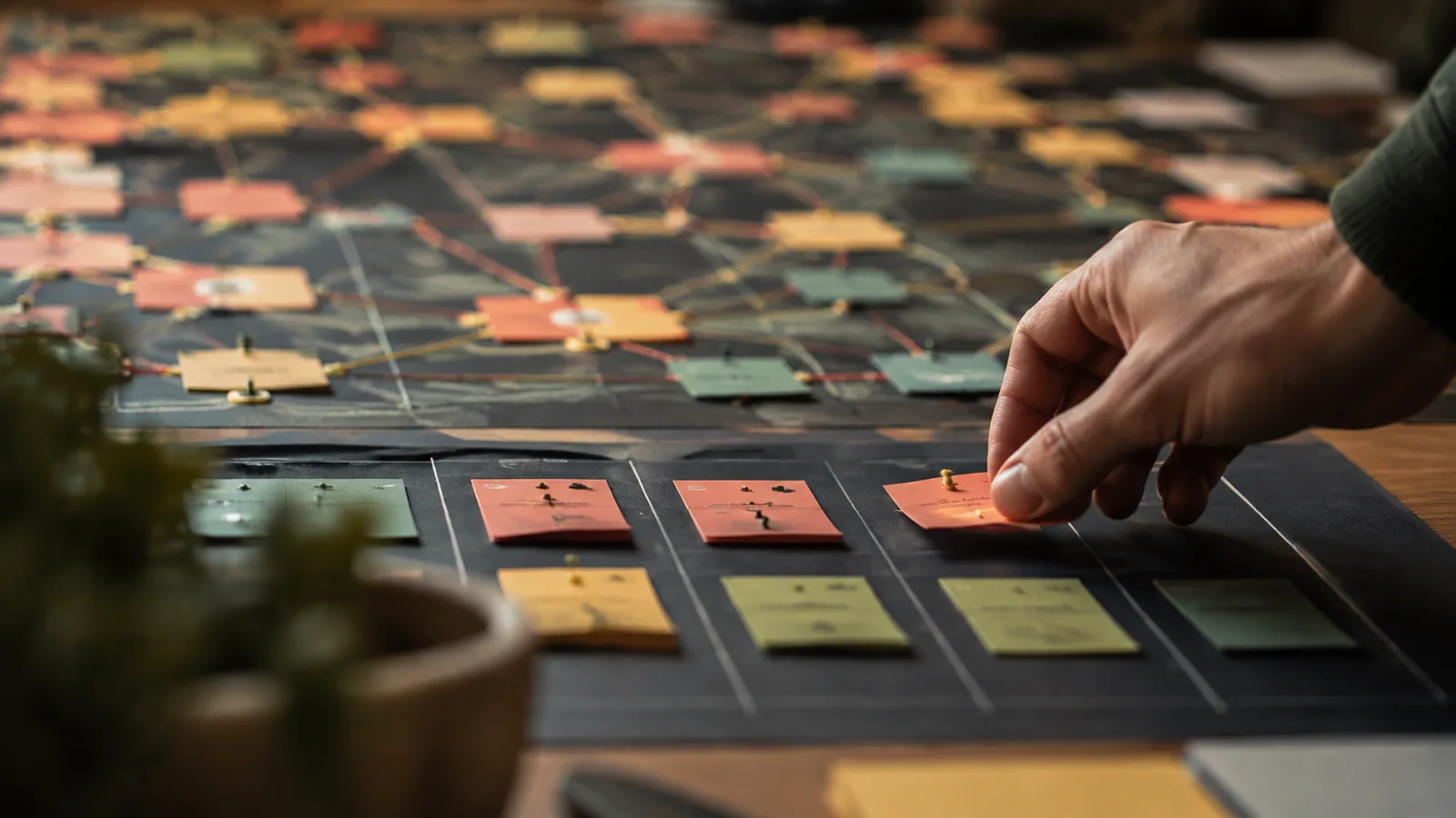 Close view of a facilitator moving a team iteration card beside a broader project responsibility map